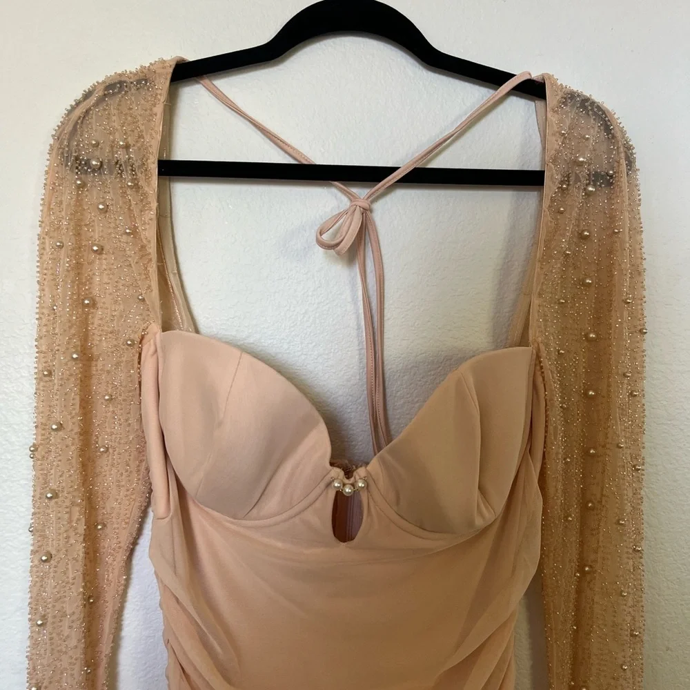 Oh Polly Peach Mesh Ruched Mini Dress - Picture 3 of 7